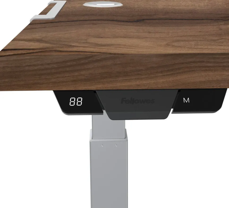 Fellowes Levado Elektrisch Hoogteverstelbaar Zit-sta-bureau Rechthoekig Walnoot T-Voet 1.829 (B) x 698 (D) x 1.257 (H) mm Gemelamineerde spaanplaat, PVC (Polyvinylchloride), Staal