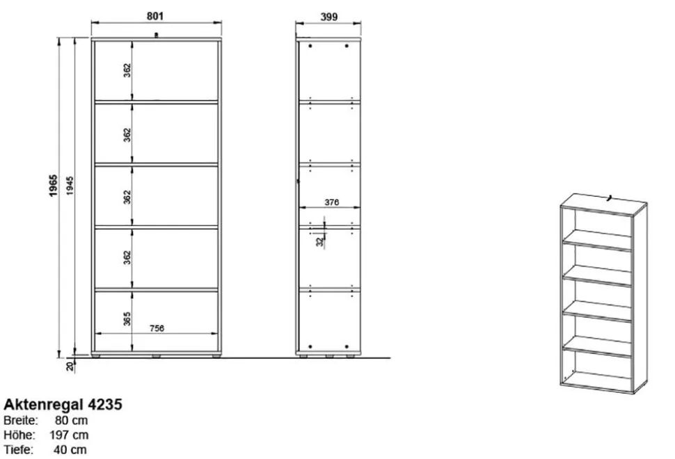 Germania boekenkast 4235-564 bruin, donkergrijs, eiken 800 mm (B) X 400 mm (D) X 1970 mm (H)