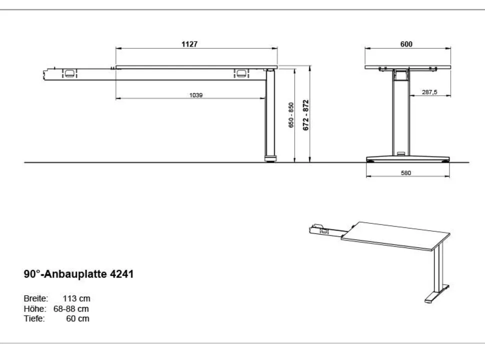 Germania bureau-uitbreiding 4241-581 lichtgrijs, zwart 1130 mm (B) X 600 mm (D) X 870 mm (H)