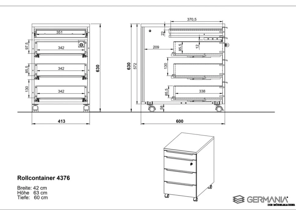 GERMANIA GW-Mailand Mobiel ladeblok Wit 4 Lades 420 x 600 x 630 mm