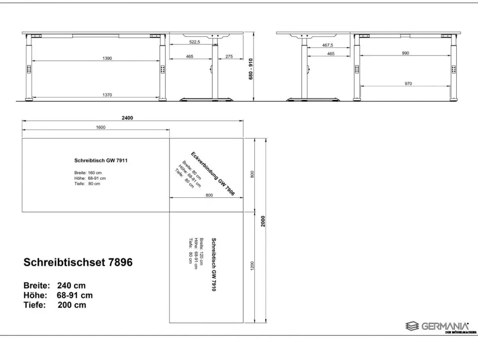 GERMANIA Hoogteverstelbaar Hoekbureau Metaal, spaanplaat C-Voet 2,400 x 2,000 x 910 mm