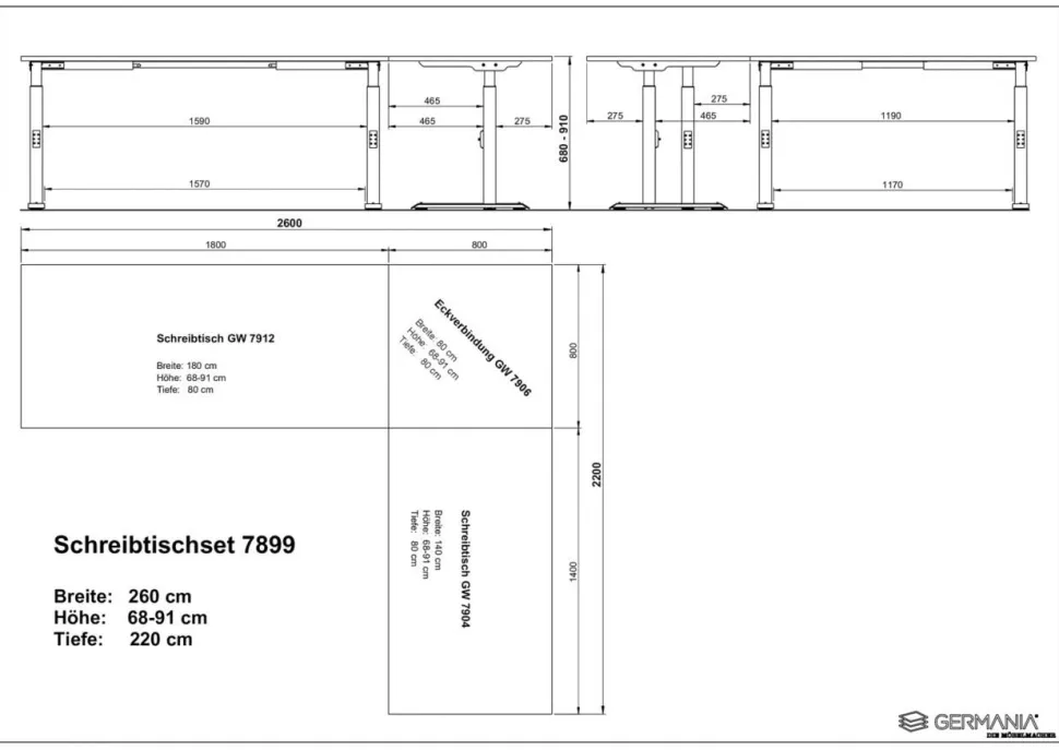 GERMANIA Hoogteverstelbaar Hoekbureau Metaal, spaanplaat Zwart C-Voet 2,600 x 2,200 x 910 mm