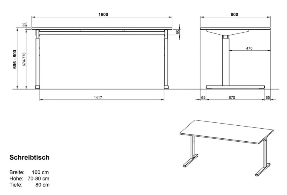 GERMANIA PROFI 2.0 In hoogte verstelbaar Bureau Eiken 1.600 (B) x 800 (D) x 800 (H) mm