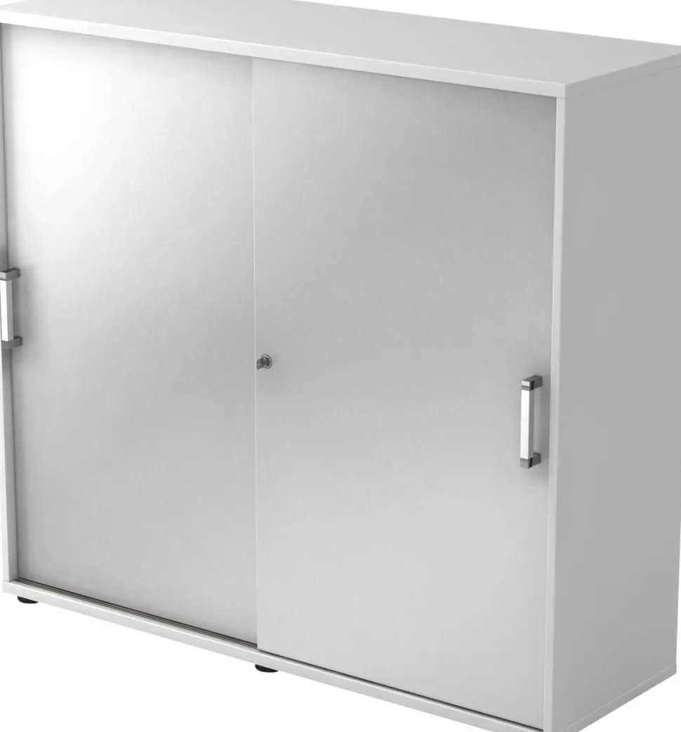 Hammerbacher Schuifdeurenkast Spaanplaat 2 Planken Afsluitbaar 1.200 x 400 x 1.100 mm Wit, Zilver