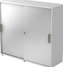 Hammerbacher Schuifdeurkast Spaanplaat 2 Planken Afsluitbaar 1.200 x 400 x 1.100 mm Wit, Zilver