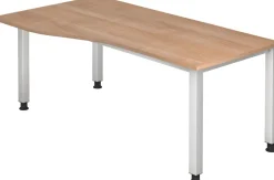 Hammerbacher VQS Hoogteverstelbaar Bureau Vrije vorm Walnoot 4 metalen poten 1.800 (B) x 1.000 (D) x 810 (H) mm Spaanplaat, Staal