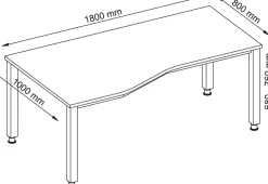 Hammerbacher VQS Hoogteverstelbaar Bureau Vrije vorm Grijs 4 metalen poten 1.800 (B) x 1.000 (D) x 810 (H) mm Spaanplaat, Staal