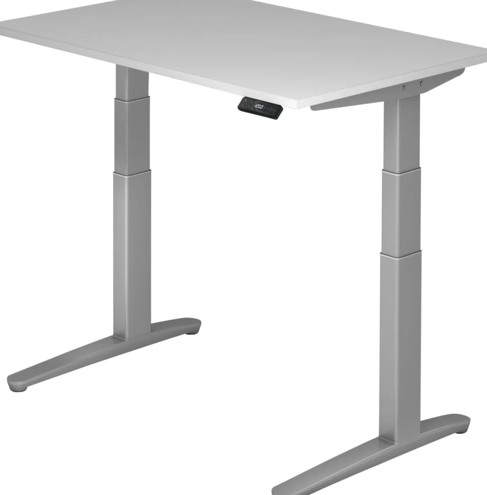 Hammerbacher XBHM VXBHM Elektrisch hoogteverstelbaar Zit-sta-bureau Rechthoekig Grijs C-Voet 1.200 (B) x 800 (D) x 1.290 (H) mm Spaanplaat, Staal, Aluminium