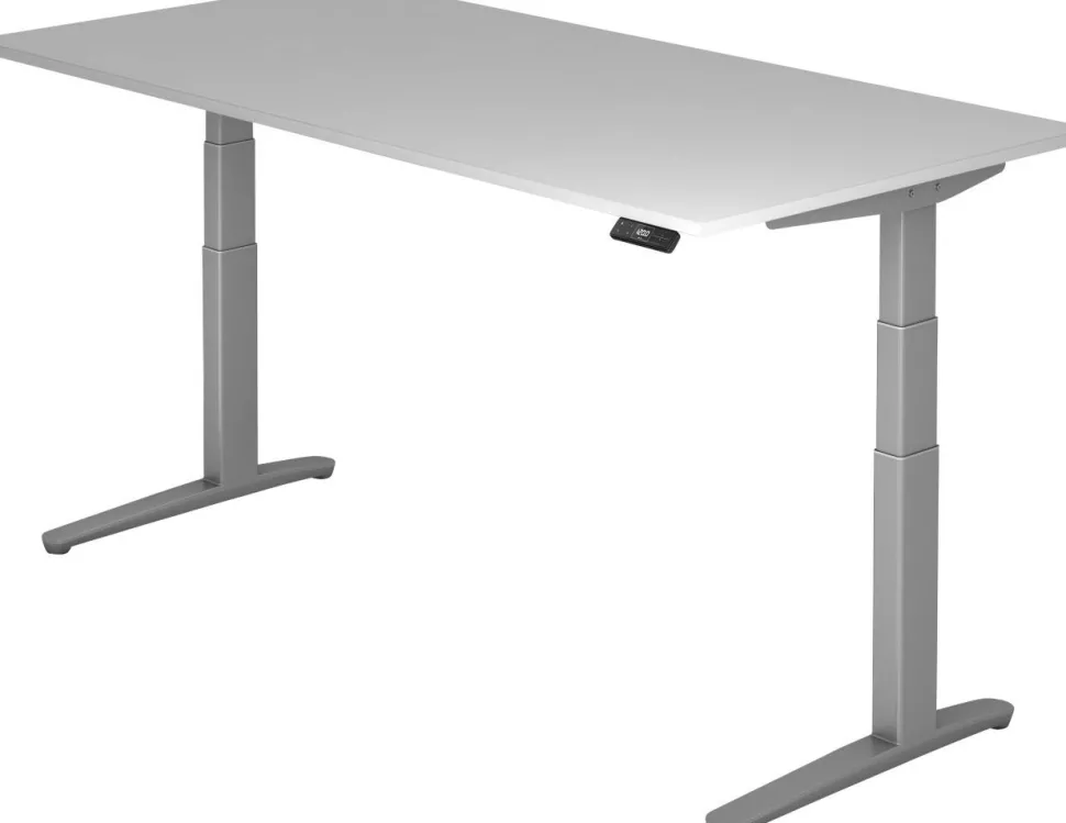 Hammerbacher XBHM VXBHM Elektrisch hoogteverstelbaar Zit-sta-bureau Rechthoekig Grijs C-Voet 2.000 (B) x 1.000 (D) x 1.290 (H) mm Spaanplaat, Staal, Aluminium