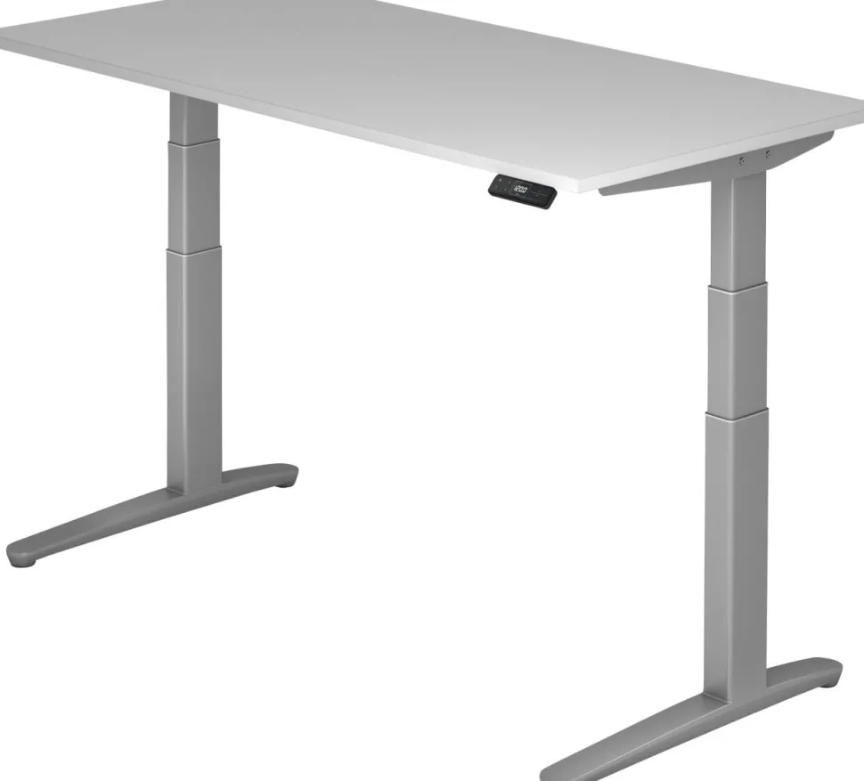 Hammerbacher XBHM VXBHM Elektrisch hoogteverstelbaar Zit-sta-bureau Rechthoekig Grijs C-Voet 1.600 (B) x 800 (D) x 1.290 (H) mm Spaanplaat, Staal, Aluminium