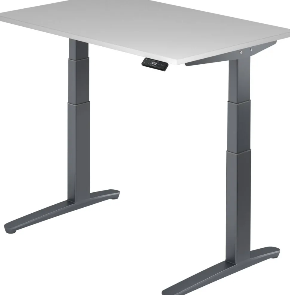 Hammerbacher XBHM VXBHM Elektrisch hoogteverstelbaar Zit-sta-bureau Rechthoekig Grijs C-Voet 1.200 (B) x 800 (D) x 1.290 (H) mm Spaanplaat, Staal, Aluminium