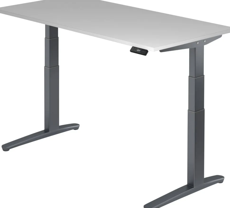 Hammerbacher XBHM VXBHM Elektrisch hoogteverstelbaar Zit-sta-bureau Rechthoekig Grijs C-Voet 1.600 (B) x 800 (D) x 1.290 (H) mm Spaanplaat, Staal, Aluminium