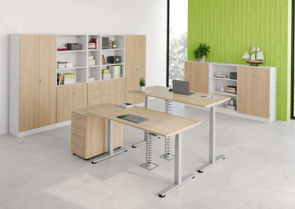 Hammerbacher XDSM VXDSM Elektrisch hoogteverstelbaar Zit-sta-bureau Rechthoekig Eiken T-Voet 1,200 (B) x 800 (D) x 1,270 (H) mm Spaanplaat, Staal