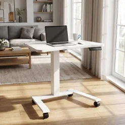 Viking Elektrisch hoogteverstelbaar Zit-sta-bureau Trapeziumvormig Wit H-Frame 600 (B) x 800 (D) mm Hout, metaal