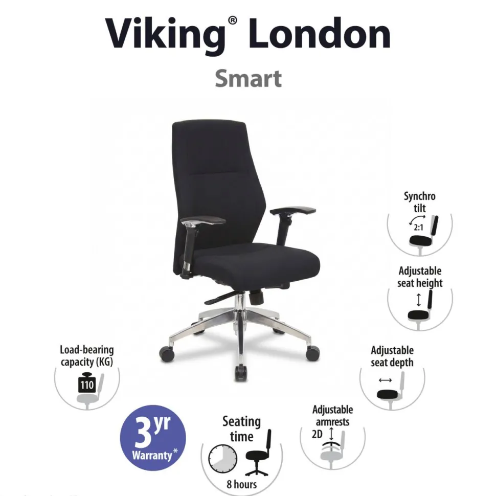 Viking Realspace London Directiestoel Synchroonmechanisme Stof 2D armleuning In hoogte verstelbare zitting Zwart 110 kg 650 mm