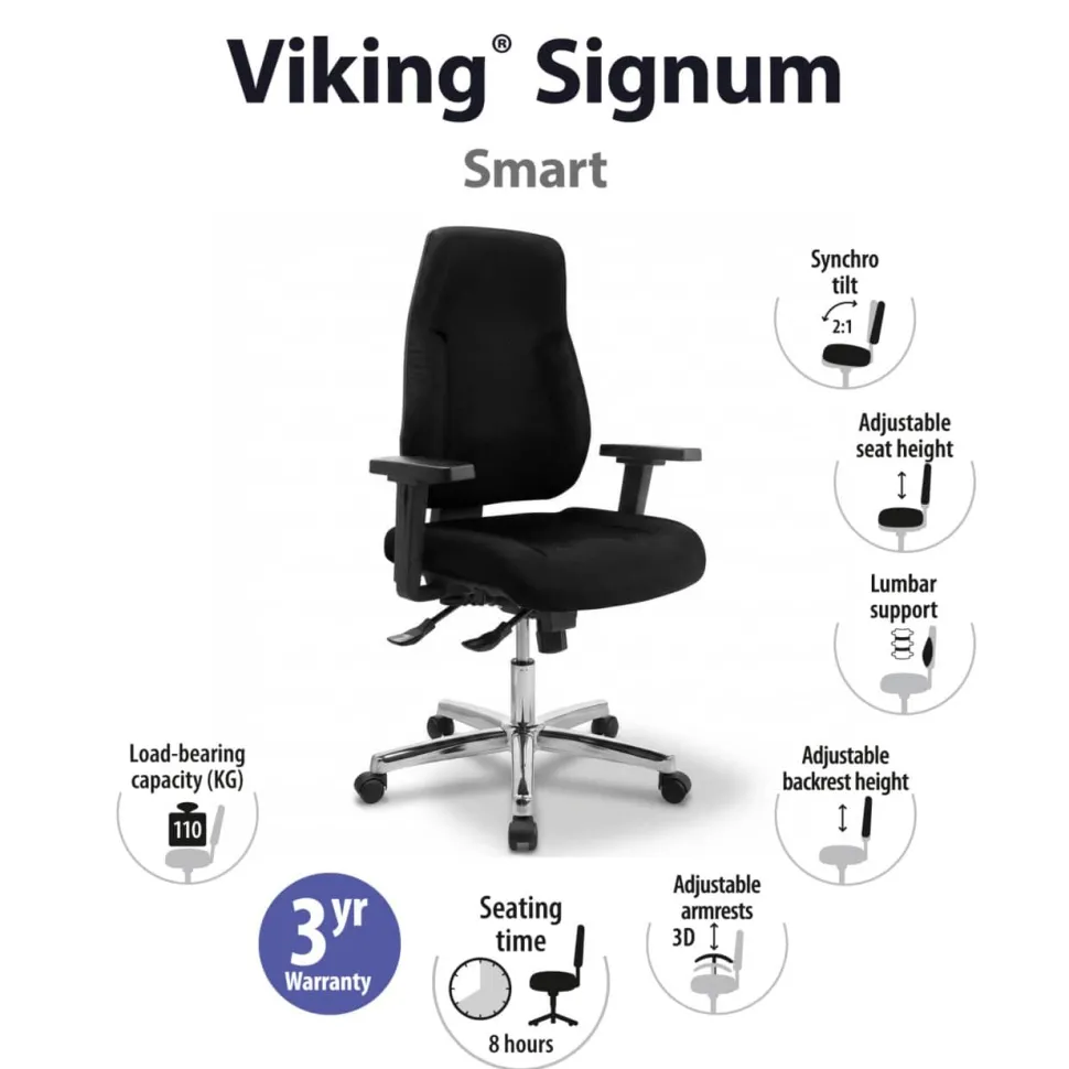 Viking Realspace Signum Bureaustoel Synchroonmechanisme Stof 3D armleuning In hoogte verstelbare zitting Zwart 110 kg 645 x 695 x 1,240 mm